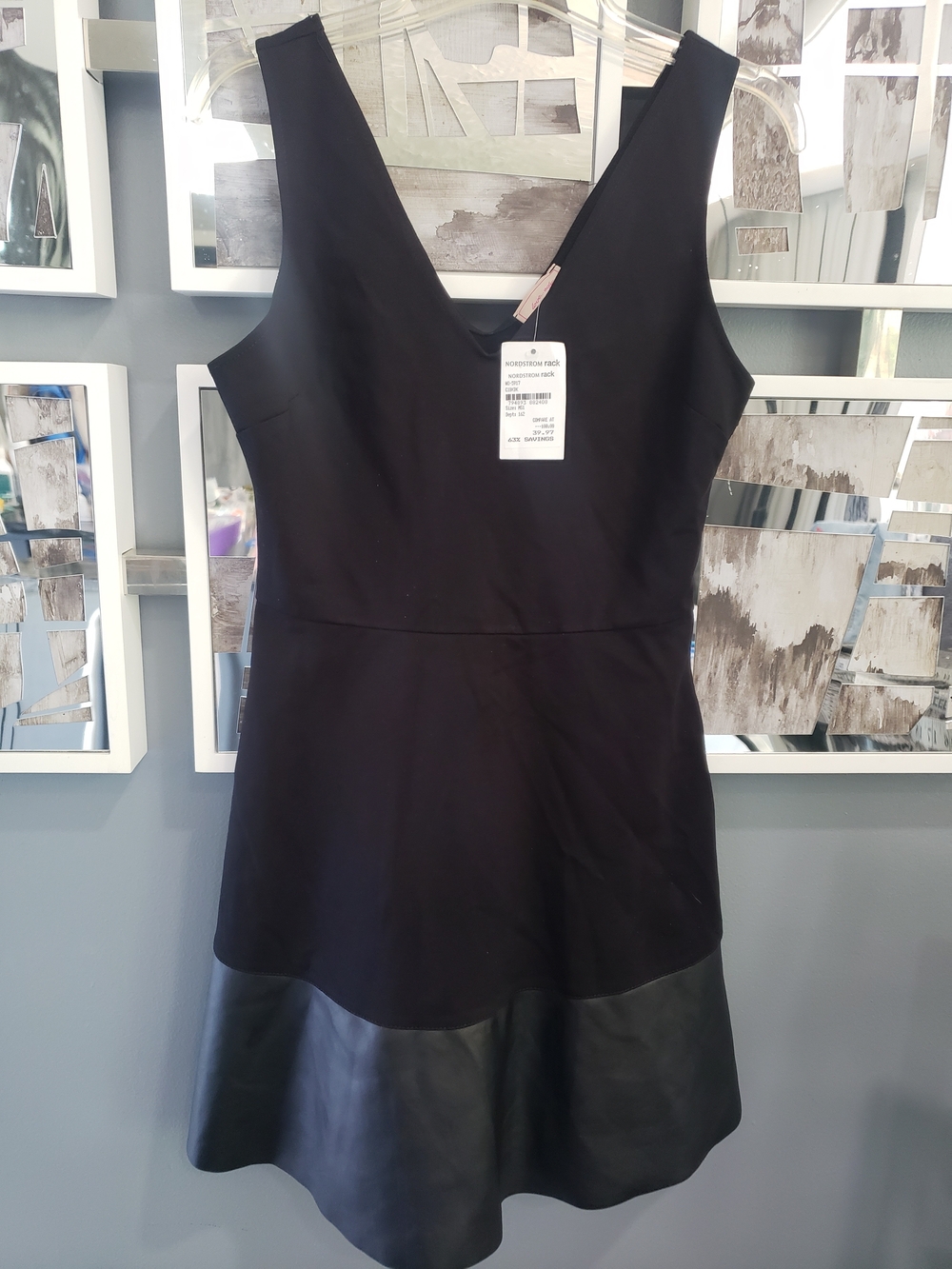 Nordstrom Black V-Neck Mini Dress with Faux-Leather Hem